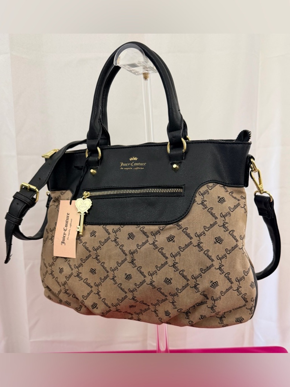 Juicy Couture Black and Tan Monogram Crossbody/Satchel/Tote with Key Charm NWT - Picture 3 of 15